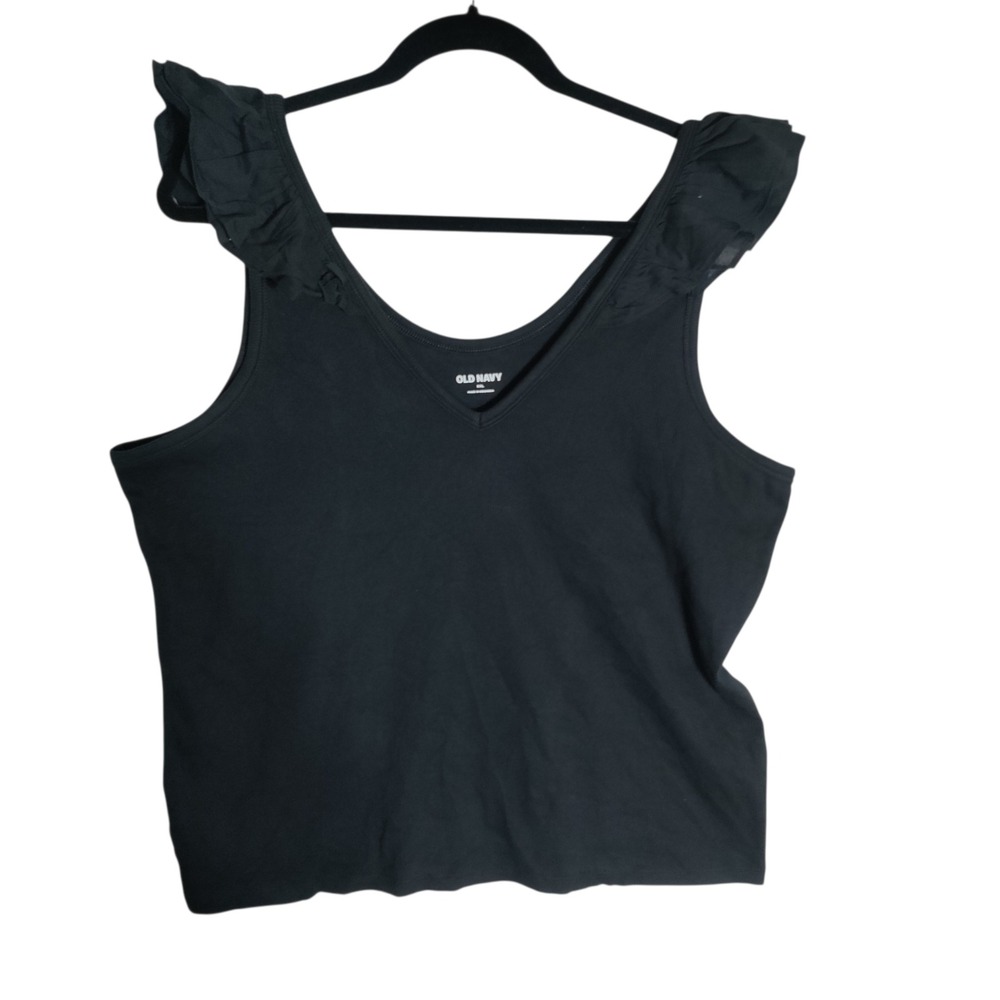 Old Navy Womens XXL Black Ribbed Ruffle Strap V-Neck Tank Top Scoop Back
